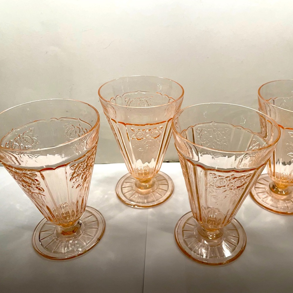 Set of 4 Anchor Hocking Depression Glass Pink MAYFAIR Open Rose Footed Glass